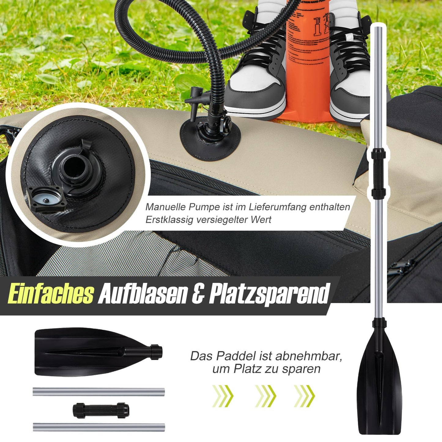 GOPLUS Belly boat, inflatable fishing boat with aluminum paddle, pump, fins, fish ruler, rod holder, and 2 shoulder straps. Supports up to 150kg, measures 135 x 109 x 54 cm. Beige+black color.