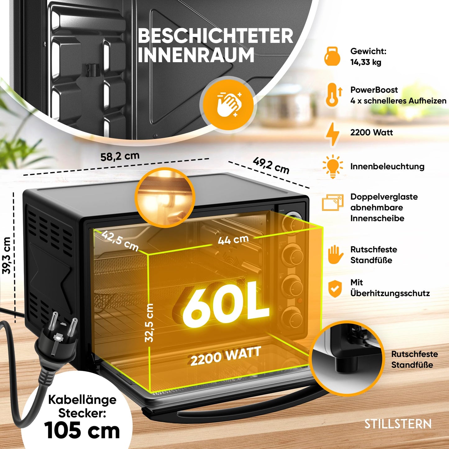 Stillstern Mini Oven with Fan 60L (DE Version) Pizza Ø40, CYCLONE PRO+ Non-Stick Coating, Defrost, 2h Timer, Camping Mini Fan Oven Pizza Oven Mini Oven Small Rotisserie Chicken Grill with Rotisserie.