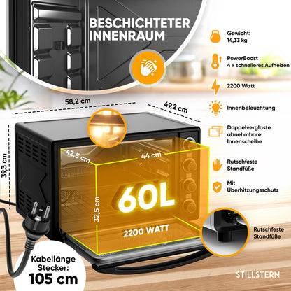 Stillstern Mini Oven with Fan 60L (DE Version) Pizza Ø40, CYCLONE PRO+ Non-Stick Coating, Defrost, 2h Timer, Camping Mini Fan Oven Pizza Oven Mini Oven Small Rotisserie Chicken Grill with Rotisserie.