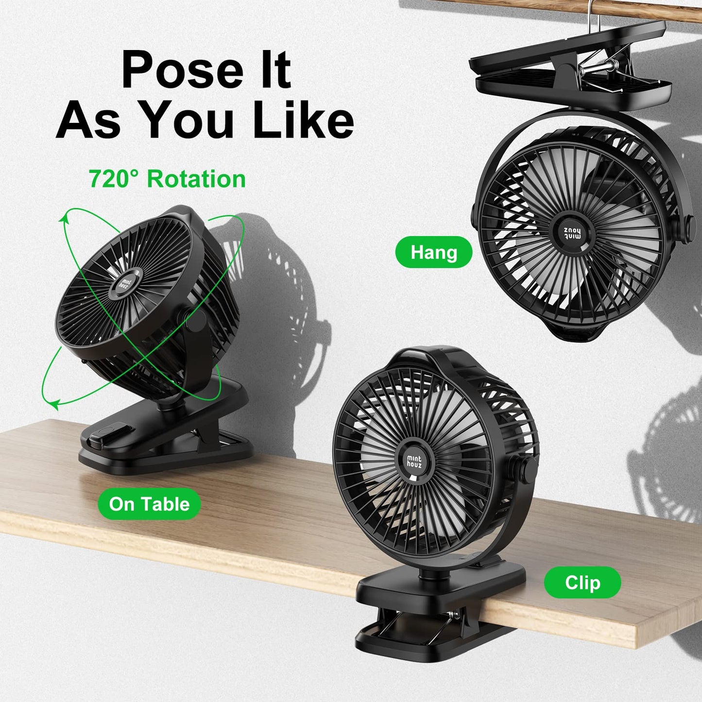 Minthouz Table Fan with Clip, 8000mAh USB Fan, 5 Speeds Portable Mini Fan, Quiet Ceiling Fan Ideal for Outdoor Camping/Stroller/Home/Office