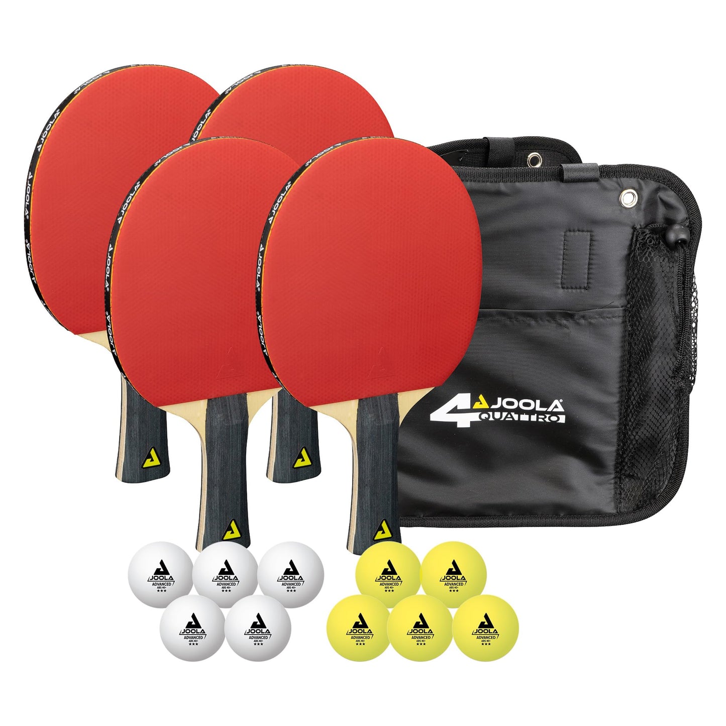 JOOLA Table Tennis Set Quattro, 4 Table Tennis Rackets + 10 Table Tennis Balls + Bag, 28.5x26x8.5cm