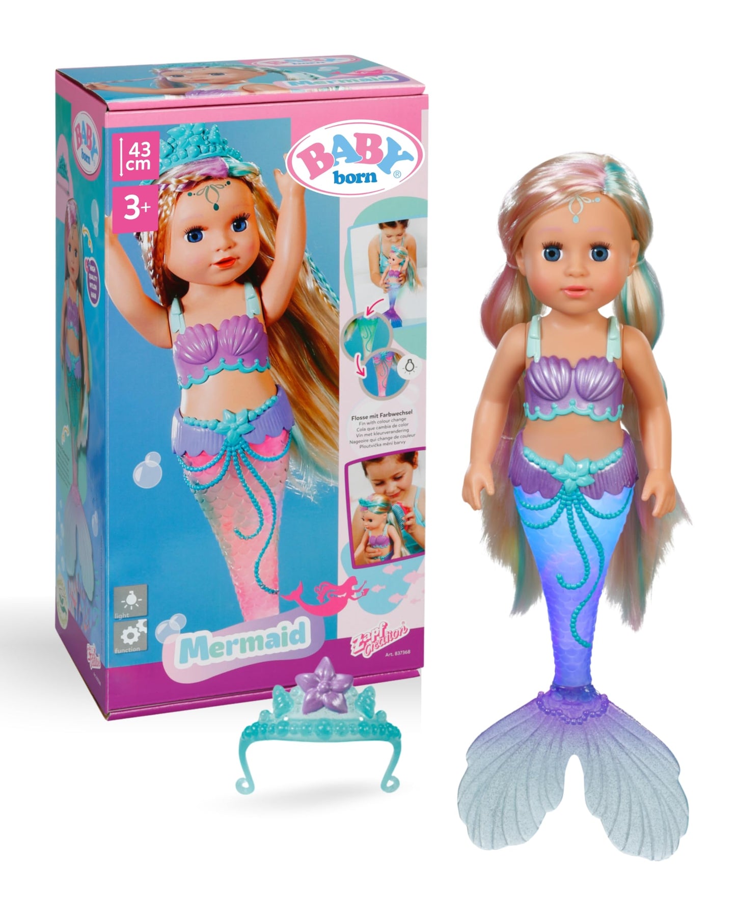BABY born Mermaid - 43 cm doll - High-quality hair with colorful strands - Glowing tail fin - Battery operated - Suitable for kids aged 3 and up, green