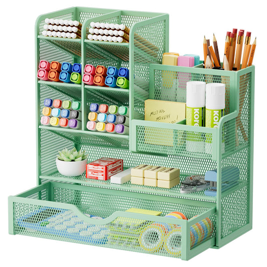 Marbrasse Mesh Desk Organizer, Multifunctional Pen Holder with Drawer, Storage Shelf for School Home Office Supplies (Green)