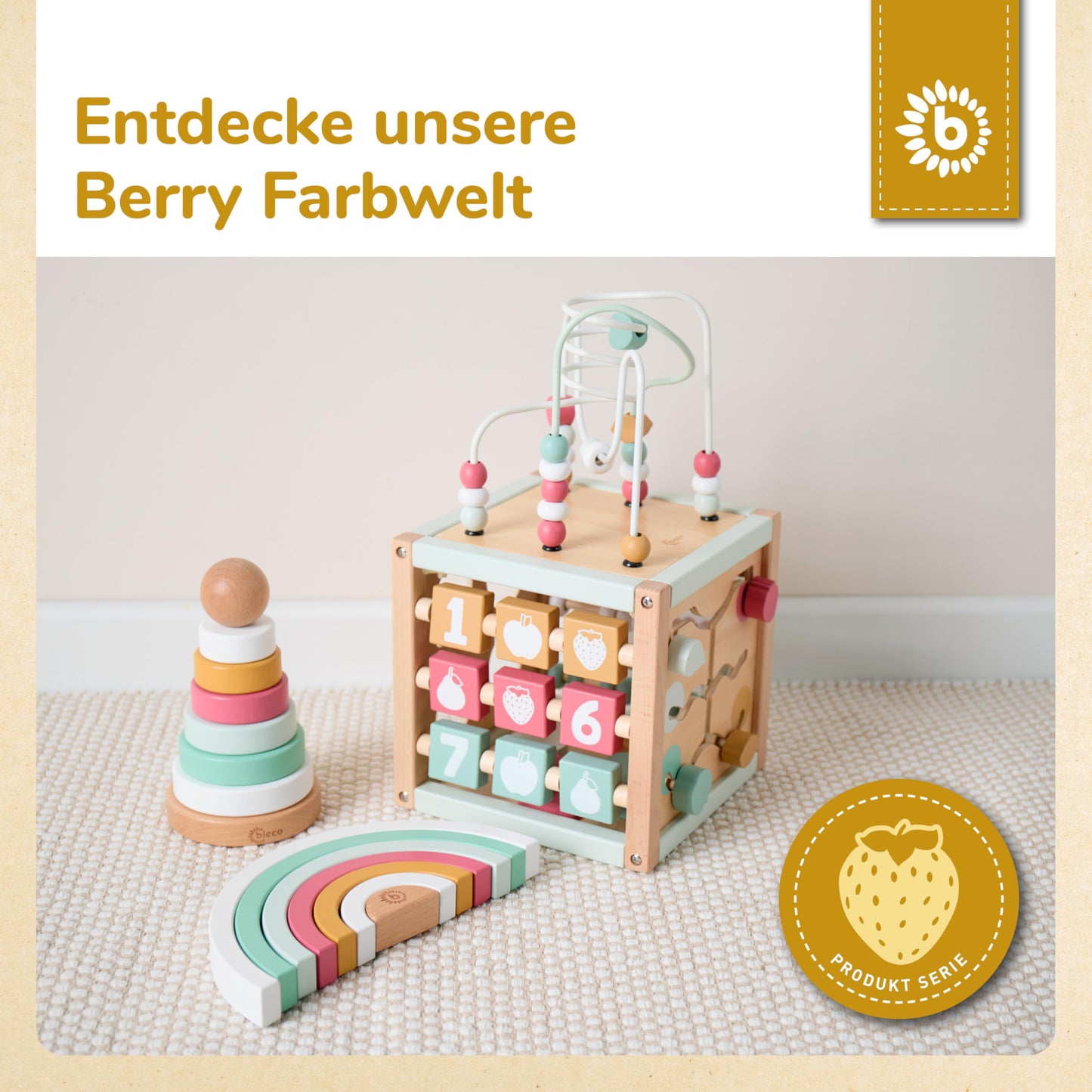 Bieco Motor Skills Cube Berry made from sustainable FSC® wood | Baby play cube | Baby Activity Center Montessori wooden toy for 1 year olds