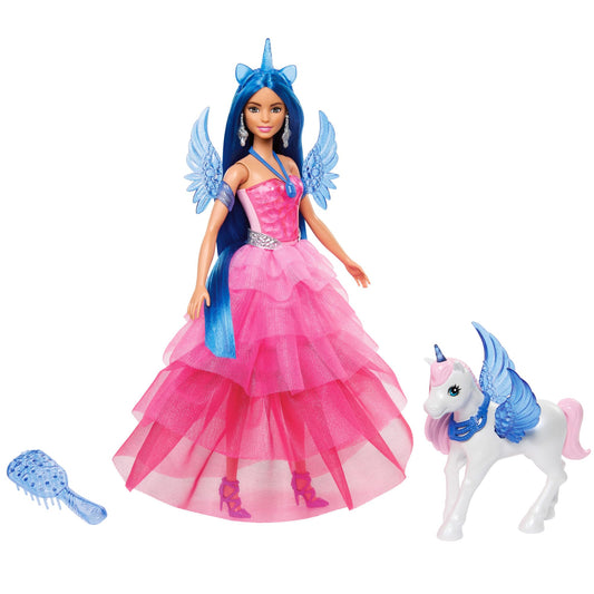 Barbie A hidden magic doll with unicorn, pink dress with sapphire blue details, unicorn headband, detachable sapphire wings, and unicorn tail, for children aged 3 and up, HRR16