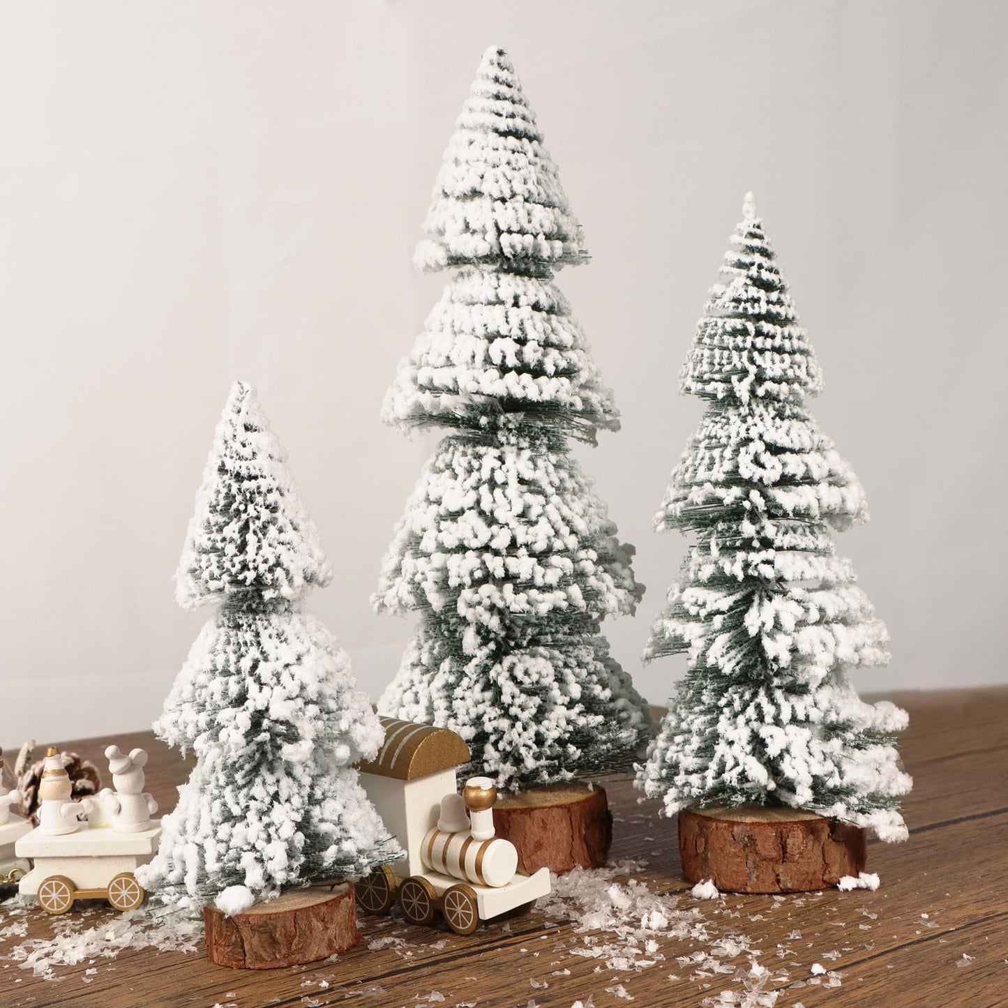 3 pieces Mini Christmas tree with wooden base for Christmas table decoration. Artificial Christmas tree perfect as a holiday gift.