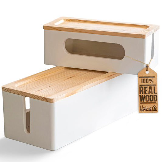 Nature Supplies Set with 2 pine wood cable boxes - 1 small cable box for desk organization, 1 large box for floor cable organization (White)
