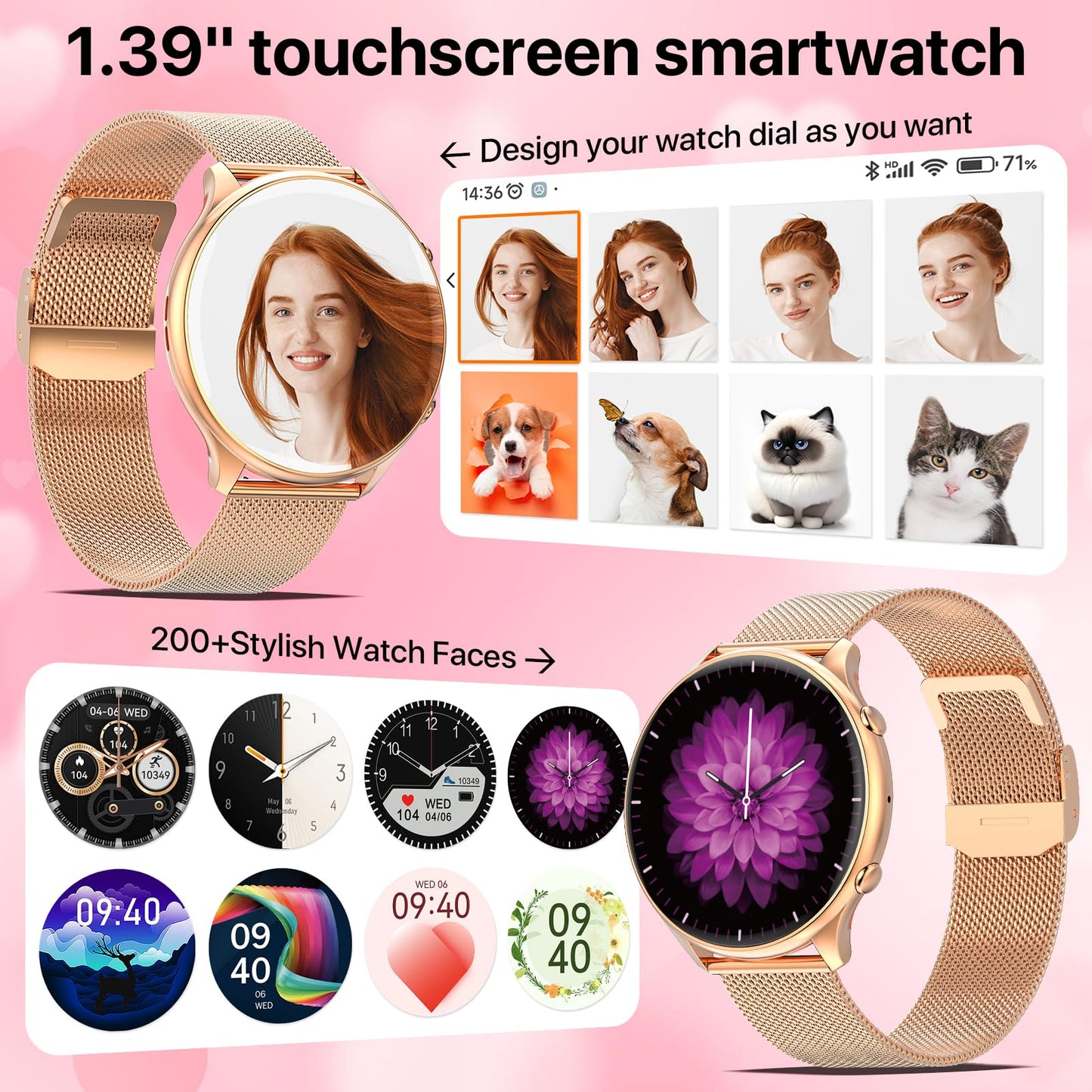 Nendefin Smartwatch Women, 1.39 inch round watch with phone function and Whatsapp voice assistant. Fitness tracker with activity tracker, 100+ sport modes. Women's fitness watch for Android iOS.