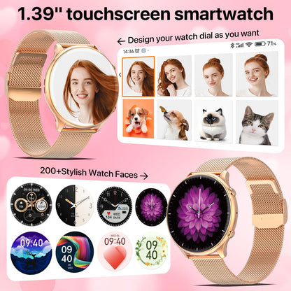 Nendefin Smartwatch Women, 1.39 inch round watch with phone function and Whatsapp voice assistant. Fitness tracker with activity tracker, 100+ sport modes. Women's fitness watch for Android iOS.
