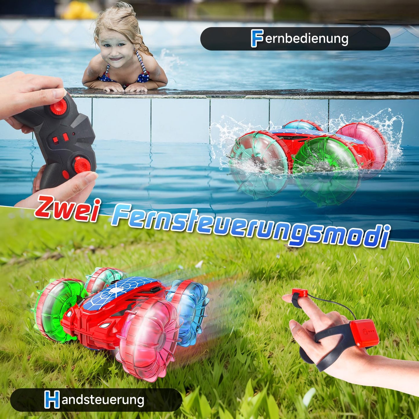 Remote-controlled amphibious vehicle for 3-8 year olds, Spider remote-controlled car with hand control, gesture sensor toy car with lights & 360° rotation, pool toy water toy