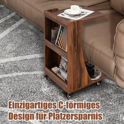 COSTWAY side table with wheels, mobile sofa table with 2 rear storage shelves, C-shape, coffee table for living room, bedroom, 42.5 x 38 x 67 cm, vintage brown.
