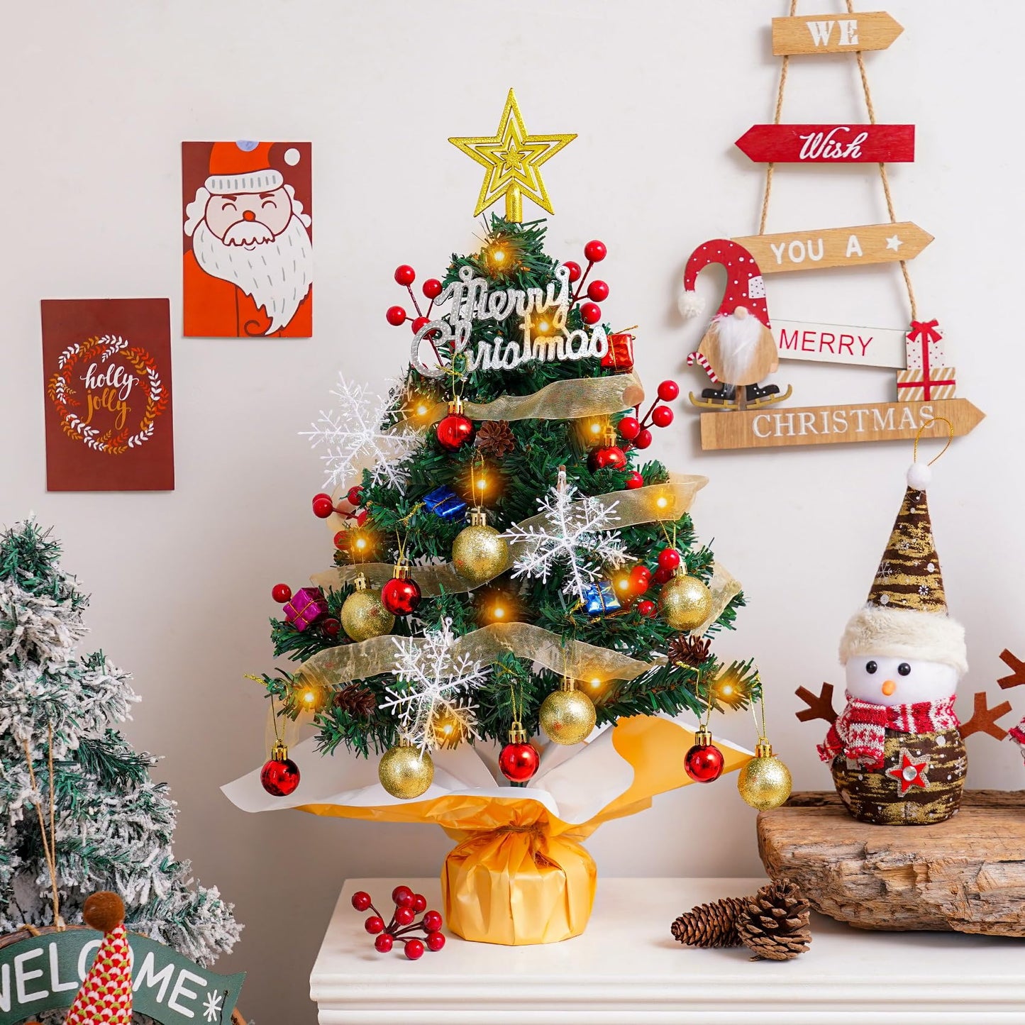 SKYVINWINE Mini Artificial Christmas Tree, Small Artificial Christmas Tree with LED Lighting, Mini Tabletop Tree for Christmas Decor, Green