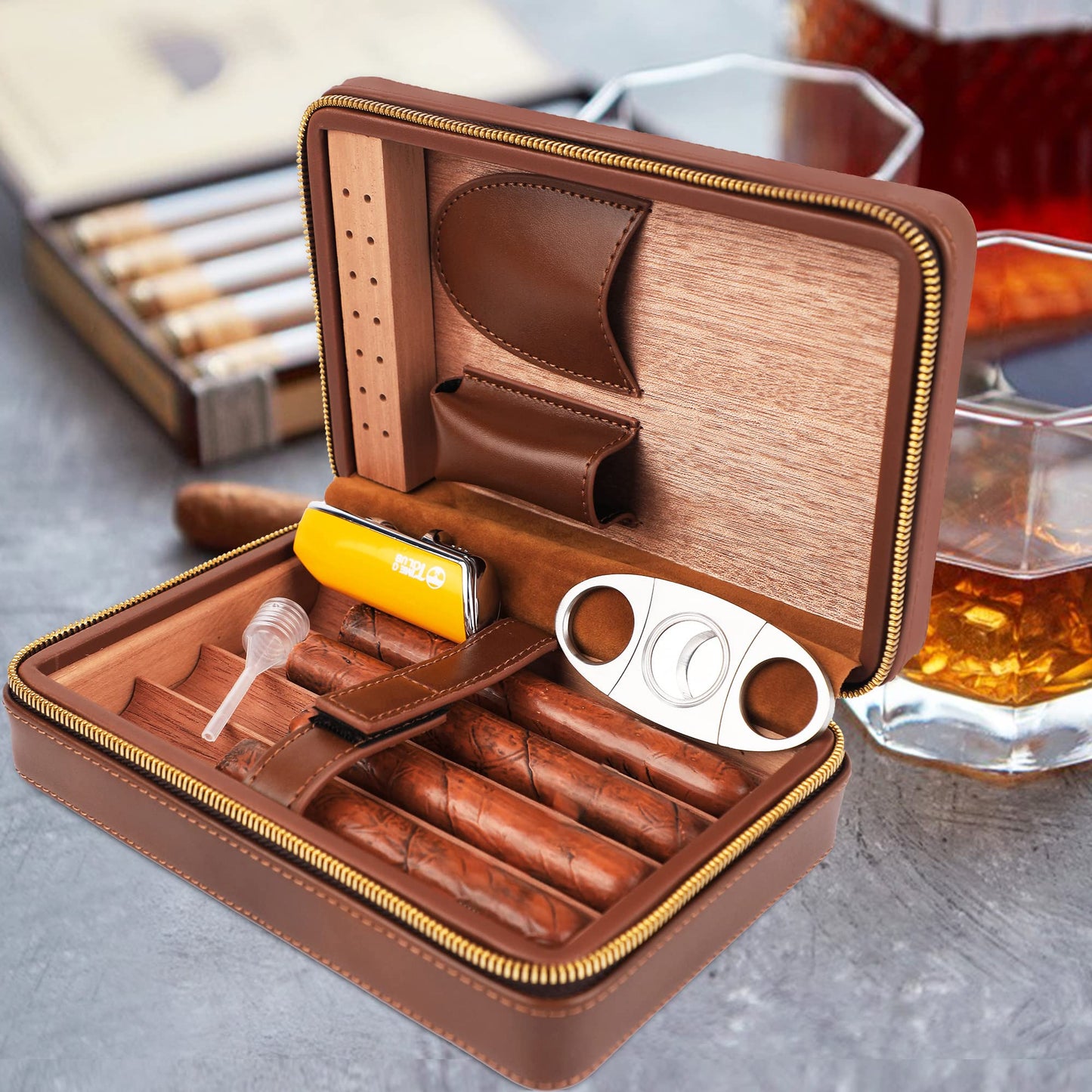 Time C Club 4-Finger Woven Pattern Portable Travel Leather Cigar Case, Cigar Cutter, Cigar Humidor with Cutter and Humidor, Groomsmen Gift, Birthday Gift