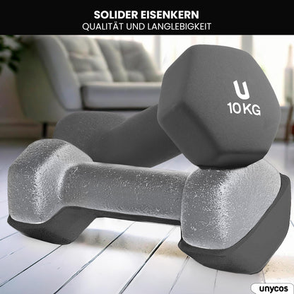 unycos - Neoprene dumbbells【2 sets, 10 kg】Hexagon dumbbells, Non-slip for women and men, Anti-roll design, Gym, Strength training, Pilates, Home fitness equipment (Dark grey)