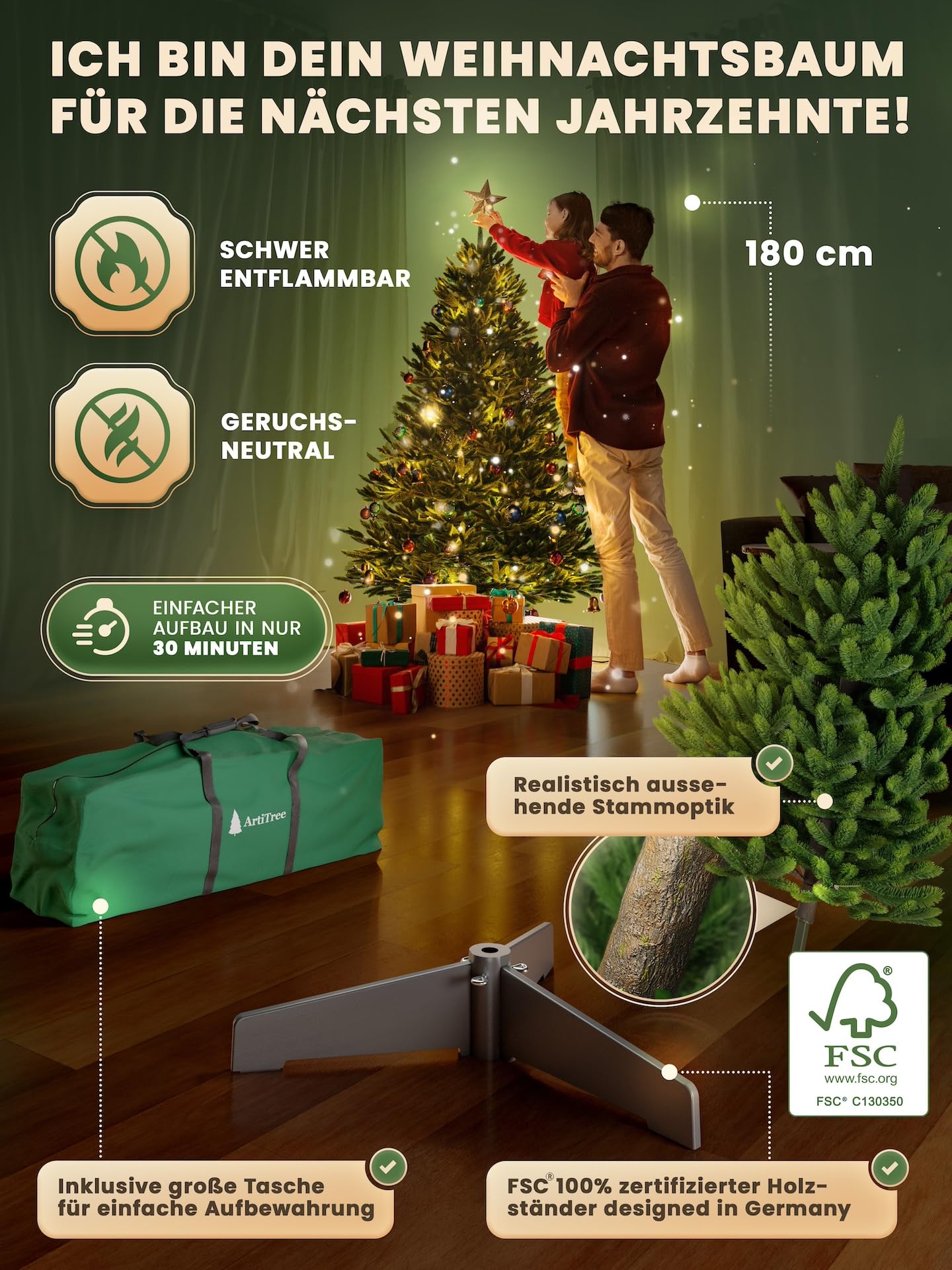 Artificial Christmas tree 180cm - 100% injection-molded Nordman fir with LED lights | Premium lifelike tannenbaum including FSC wood stand & storage bag.
