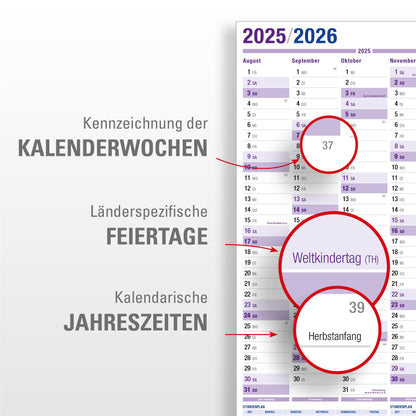 5-pack: Yohmoe® XXL wall calendar 2025 2026 in 98x68 cm format, folded. Ideal as a year planner 2025/26 or school year calendar 2025/2026 wall calendar.