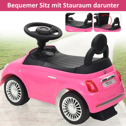 COIL FIAT 500 - Officially Licensed car with storage compartment under the seat, push and pull handle, various sounds -Bobby Car push handle -Bobby Car steering wheel -Toddler ride-on car (pink)