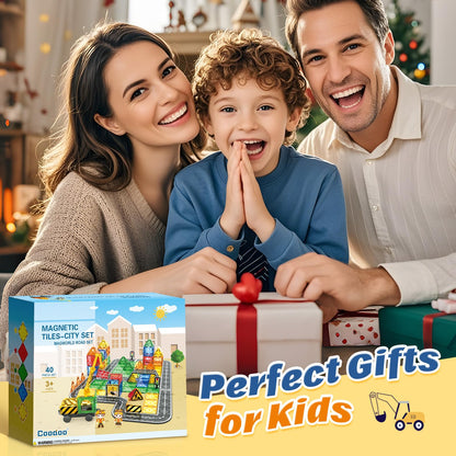 Children's play magnetic building blocks road set with retractable magnetic crane, city building toy for toddlers preschool toy age 4-6 5-7, gifts for boys girls from 3 years old Kids' toy