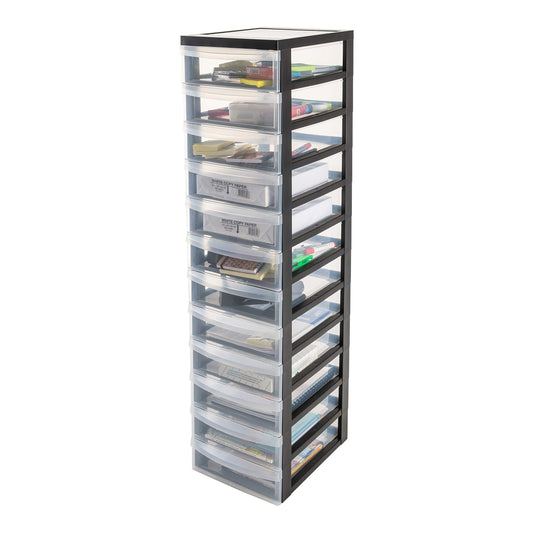 Iris Ohyama plastic drawer box with wheels, 12 flat drawers, black, pull handles, for bedroom, bathroom, school & office, BPA-free, drawer cabinet, rolling container, A4 Drawer, DC-012