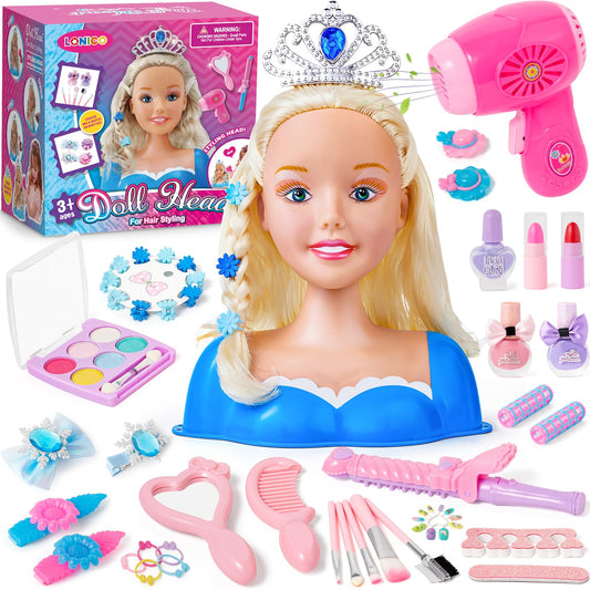 52PCS Makeup Doll Styling Head Kids Mannequin Head with Crown Hairdryer Straightener Hairpins Makeup Hair Styling Accessories Hairdressing Children's Makeup Toy Gift for Girls aged 3 4 5 6 years