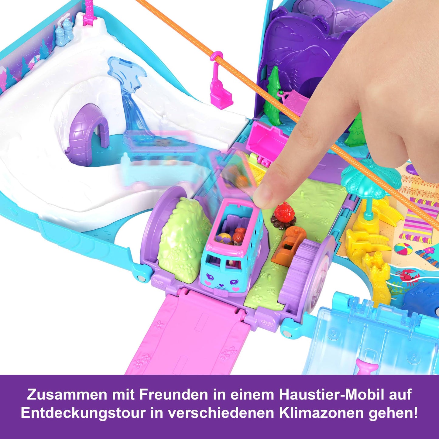 Polly Pocket micro dolls and convertible camper, with accessories like pets and toy car, on-the-go pet adventure playset, JCC22.