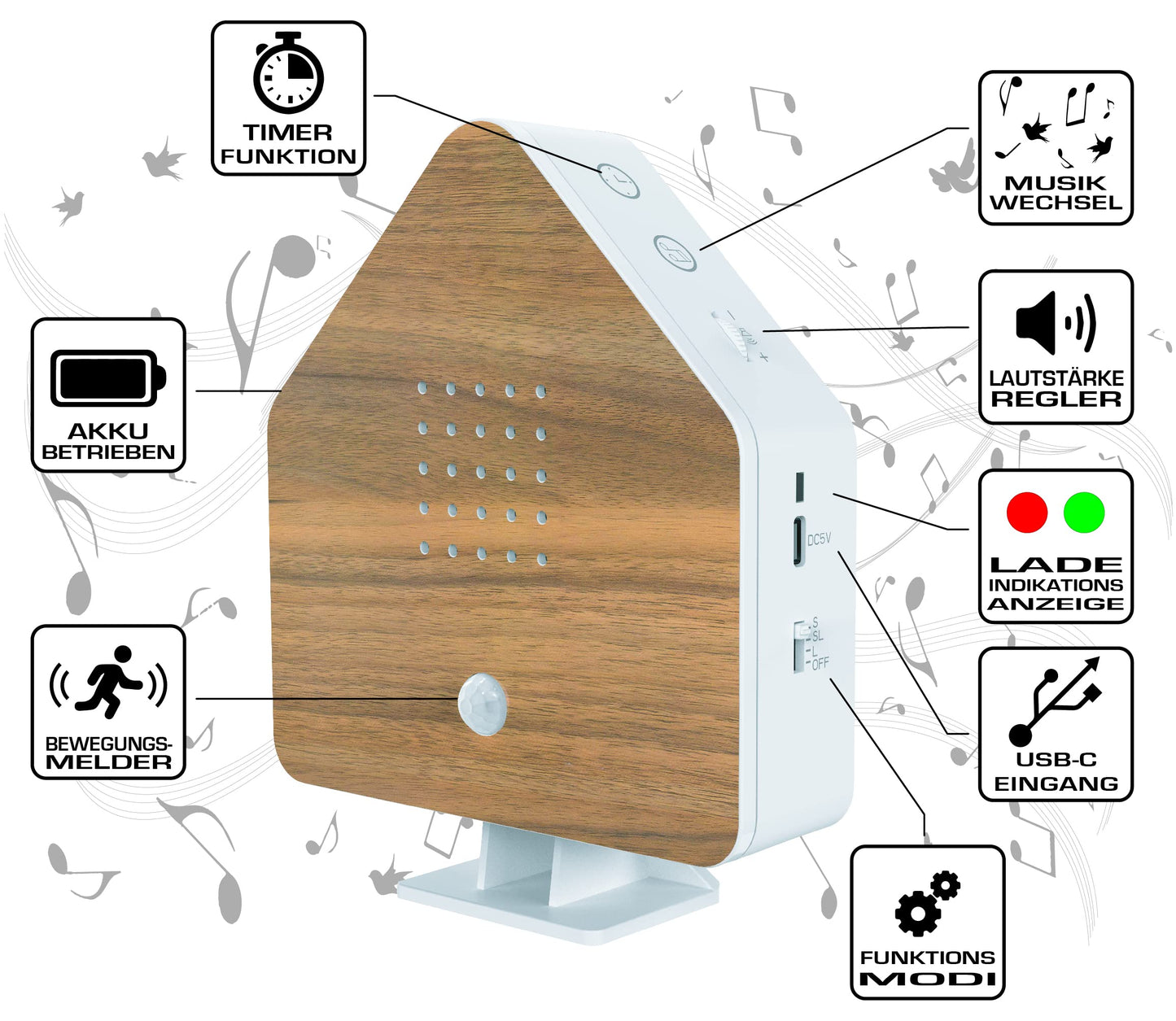 Northpoint Nature Soundbox, bird, song, bird chirp, box, motion sensor, bird sound, light, rechargeable with wall mount, beechwood house