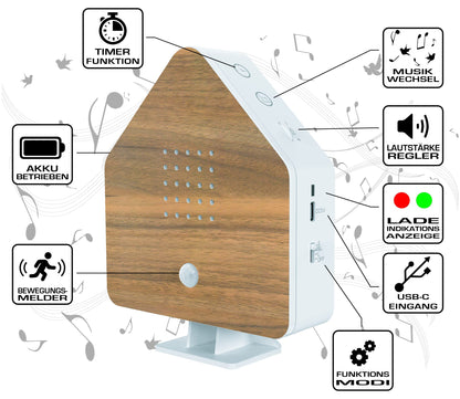 Northpoint Nature Soundbox, bird, song, bird chirp, box, motion sensor, bird sound, light, rechargeable with wall mount, beechwood house