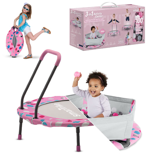 smarTrike indoor toddler trampoline with handlebar, foldable kids trampoline, 1-5 years (ball pit and trampoline, Pink)
