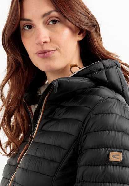 camel active women's lightweight quilted jacket with removable hood in black, size 44.
