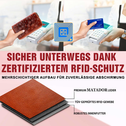 MATADOR Women's Large Leather Wallet #Madrid with elegant Gift Box, Stylish Women's Wallet Large with RFID Blocker, Luxury Women's Wallet with Many Card Slots in Floral Brown.