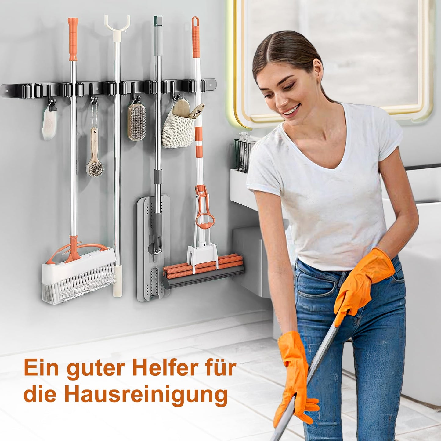 OMerima 2 Piece Broom Holder Wall, 10 Holders + 8 Hooks Stainless Steel Tool Holder, Self-Adhesive Garden Tool Holder and Broom Holder, Black Wall Mount Hanger for Brooms