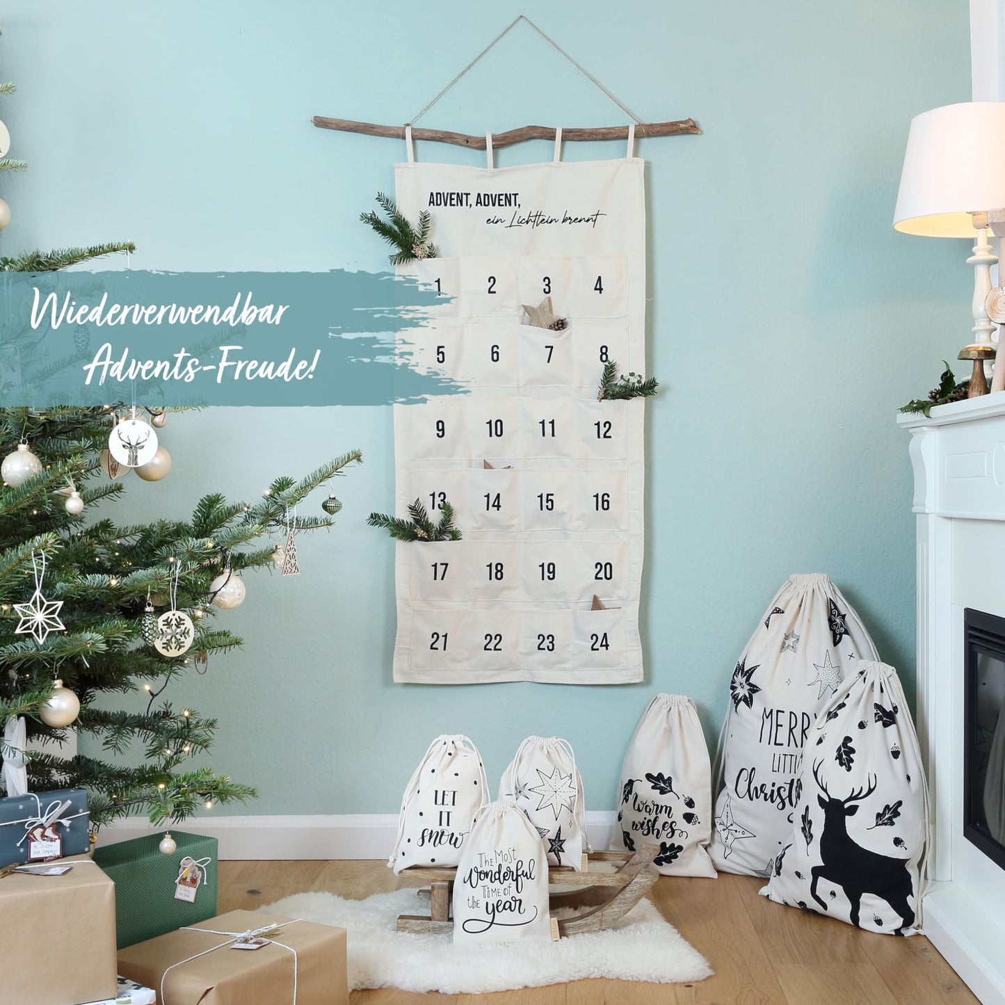 Paper Dragons fabric Advent calendar 2024 for filling - a little light is burning - high quality embroidered - fabric bags for decorating yourself - gift pouches - reusable tapestry set No. 31