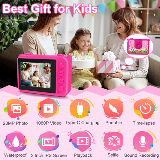 GKTZ Gift for Girls 3-12 years old, Kids Camera waterproof with 32GB SD card, 20MP & 1080P HD Selfie Digital Camera for Kids, Children's Underwater Camera