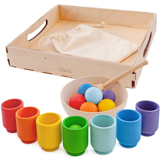 Ulanik Rainbow Balls in Cups Montessori Toy Wood Sorter Game 7 Balls 30mm Age 1+ Color Sorting and Counting Preschool Learning Education