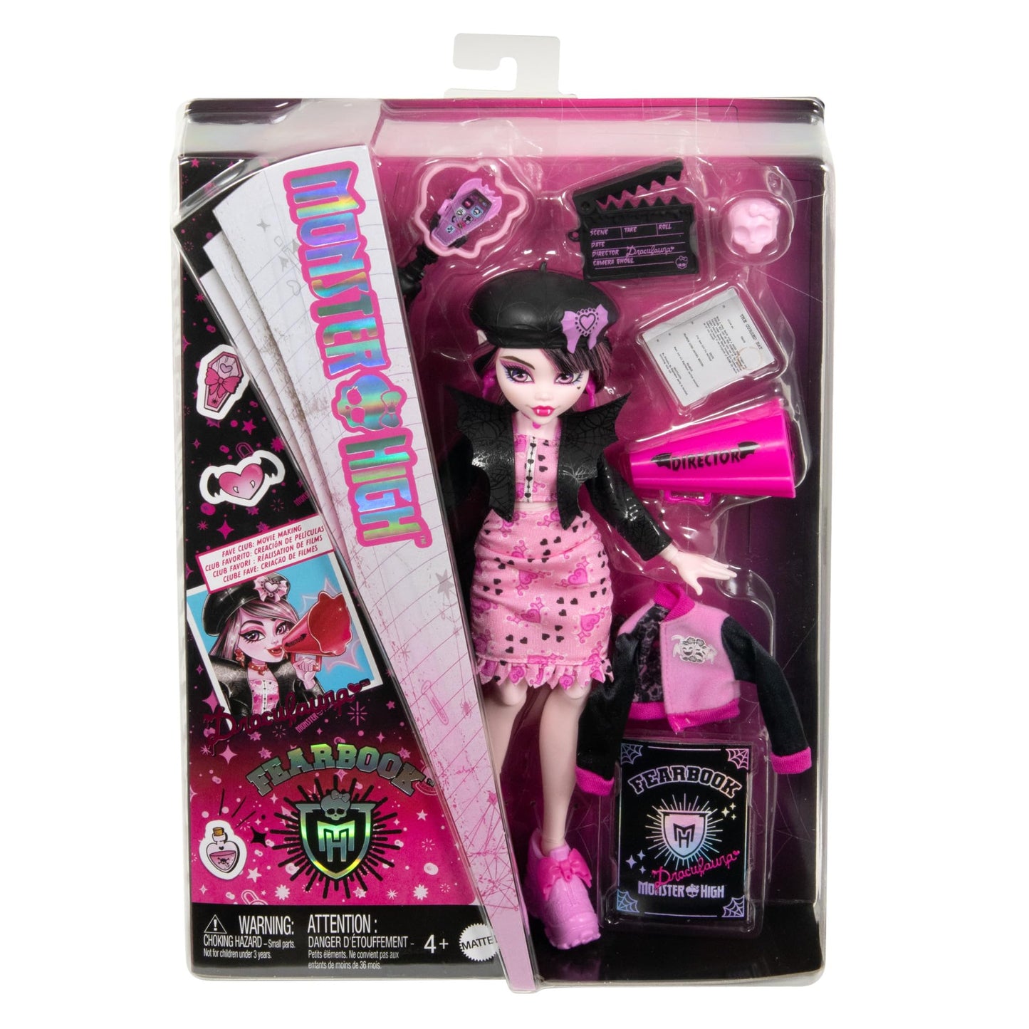 Monster High Fearbook Draculaura set with doll and accessories featuring a film club theme, varsity jacket, yearbook, screenplay, and movie props.