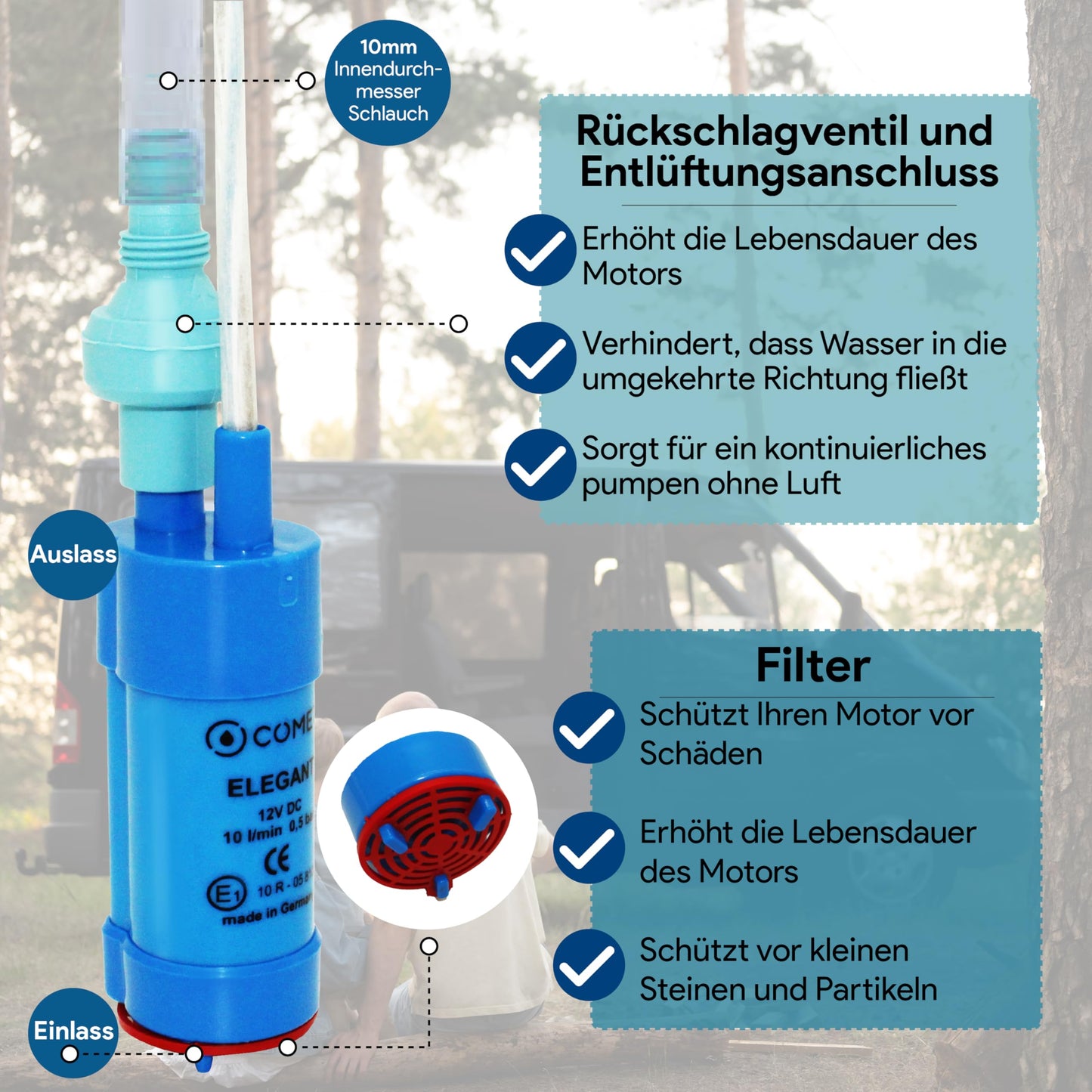 Comet Elegant Water Pump 12V with Check Valve (Fixed) + Filter - Set with Camping Ebook - for Motorhome, Caravan, Submersible Pump