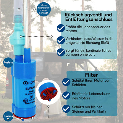 Comet Elegant Water Pump 12V with Check Valve (Fixed) + Filter - Set with Camping Ebook - for Motorhome, Caravan, Submersible Pump