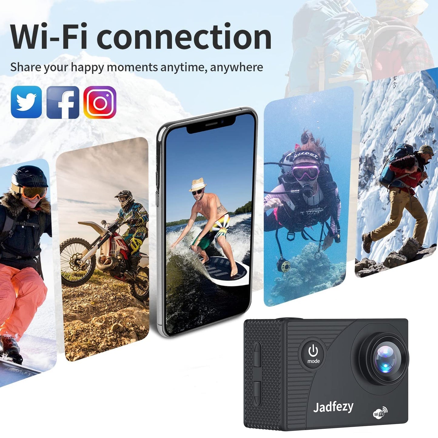 Jadfezy WiFi Action Cam HD 1080P, 12MP Action Camera Wide Angle 2" LCD Screen, Waterproof Underwater Camera up to 30m/98FT with 2×1050mAh Batteries and accessory Kit for helmet and bicycle etc.