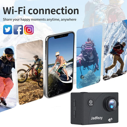 Jadfezy WiFi Action Cam HD 1080P, 12MP Action Camera Wide Angle 2" LCD Screen, Waterproof Underwater Camera up to 30m/98FT with 2×1050mAh Batteries and accessory Kit for helmet and bicycle etc.