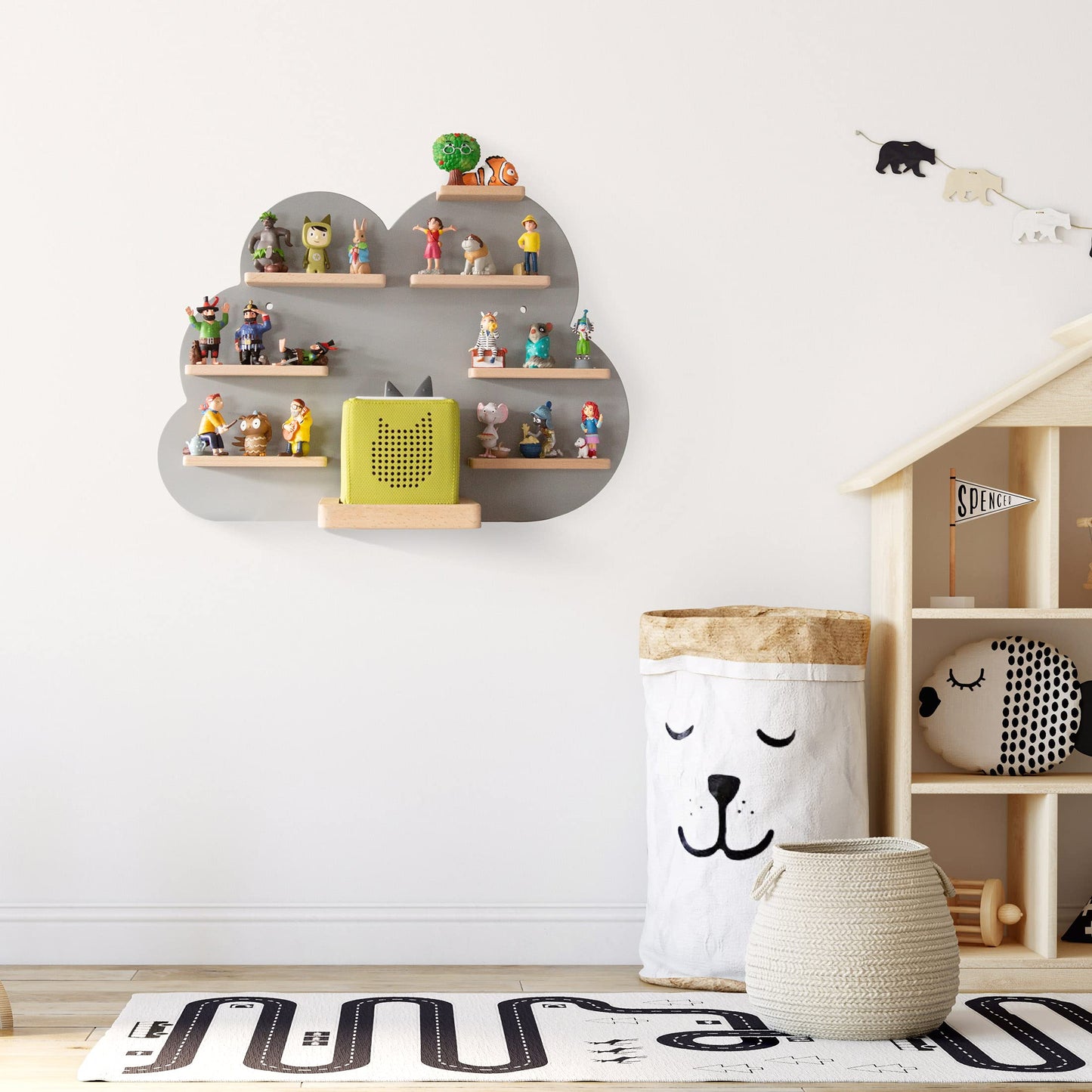 NOR28 shelf compatible for up to 33 Toniebox figures - cloud design 40x55x19cm for boys and girls| Kids room, magnetic, easily attachable.