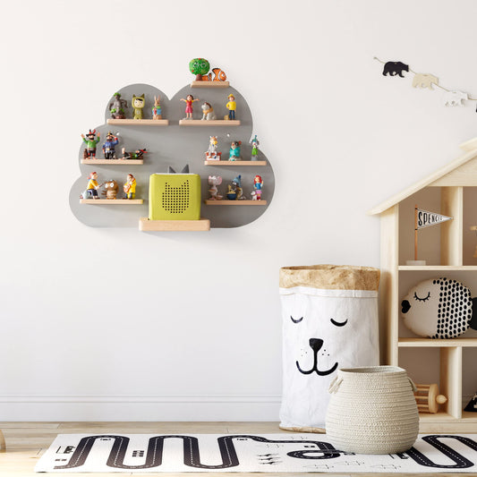 NOR28 shelf compatible for up to 33 Toniebox figures - cloud design 40x55x19cm for boys and girls| Kids room, magnetic, easily attachable.