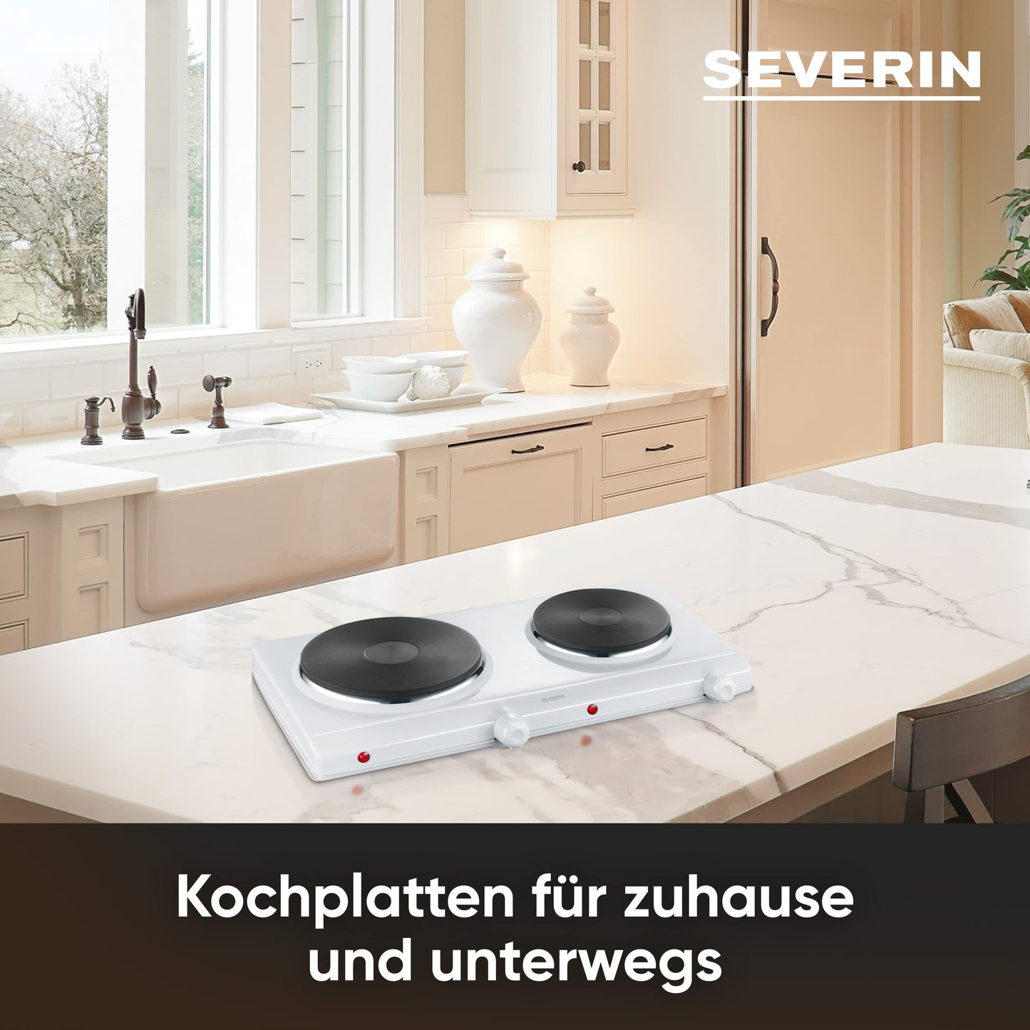 SEVERIN Double Hot Plate for kitchen, office, or camping, small stove with stepless temperature control, camping stove for two pots, white, 2,500W, DK 1042