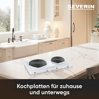 SEVERIN Double Hot Plate for kitchen, office, or camping, small stove with stepless temperature control, camping stove for two pots, white, 2,500W, DK 1042