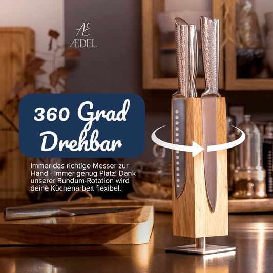 AEDEL Design Premium Magnetic Knife Block Rotating 360 Degrees - Magnetic Knife Holder made of exquisite oak wood - Universal Magnetic Knife Holder Unfilled Wood