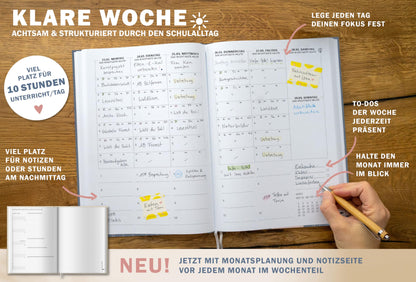 One of the good teacher planners 2025/2026, A4 teacher planner, 1 double page per week, academic planner for school year 25/26, hardcover blue pink flowers, sustainable & climate-neutral.