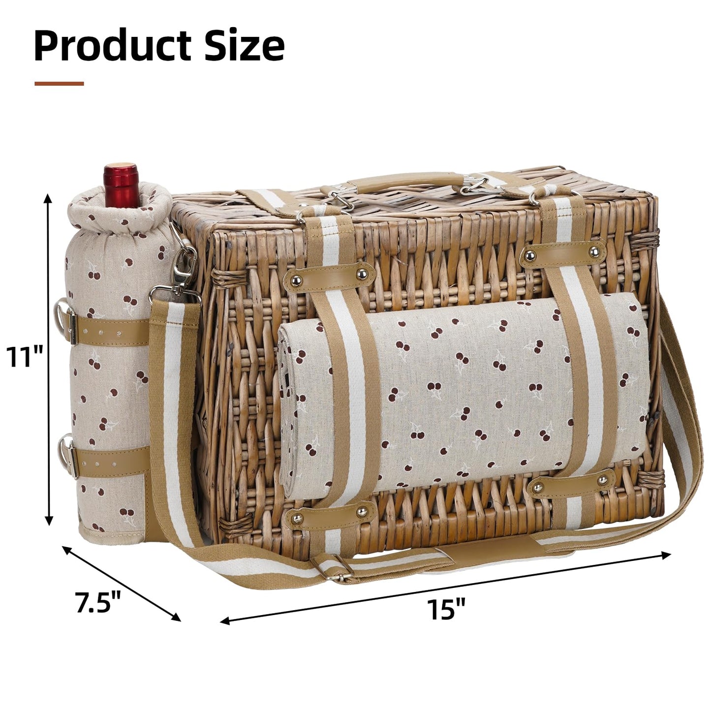 Two-person picnic basket with blanket - willow picnic basket with strap, wine bag, two-person willow picnic set with insulated cooler, willow basket with cutlery set, beige.