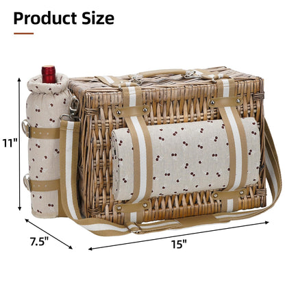 Two-person picnic basket with blanket - willow picnic basket with strap, wine bag, two-person willow picnic set with insulated cooler, willow basket with cutlery set, beige.