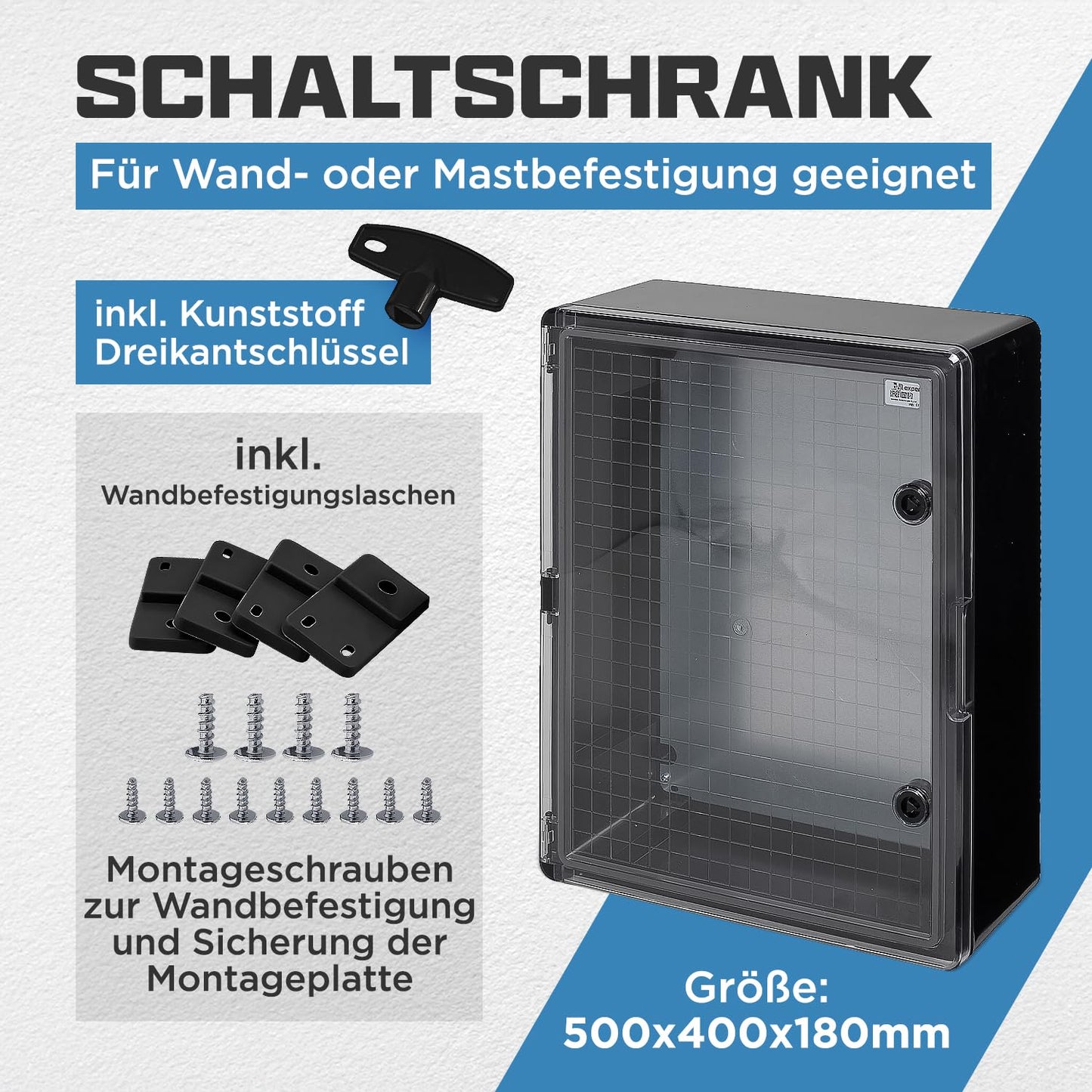 BOXEXPERT® Outdoor distribution box waterproof [ABS plastic IP65 enclosure with viewing window] black (Fleet series) 500x400x180mm | Outdoor control cabinet | Wall-mounted cabinet | Industrial enclosure | Empty enclosure