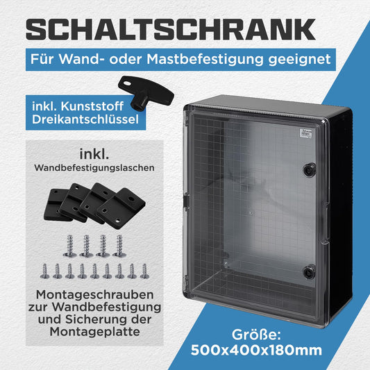 BOXEXPERT® Outdoor distribution box waterproof [ABS plastic IP65 enclosure with viewing window] black (Fleet series) 500x400x180mm | Outdoor control cabinet | Wall-mounted cabinet | Industrial enclosure | Empty enclosure
