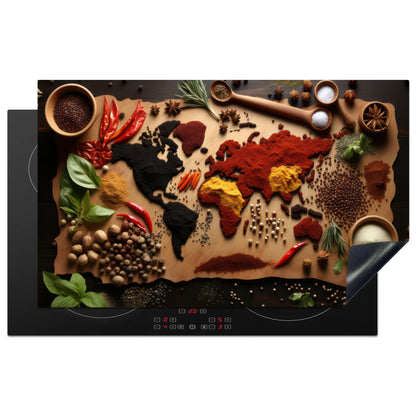 KitchenYeah© Induction stove cover protection mat kitchen stove cover induction mat ceramic hob cover herbs - spices - world map - brown - spoon - kitchen - 83x51 cm